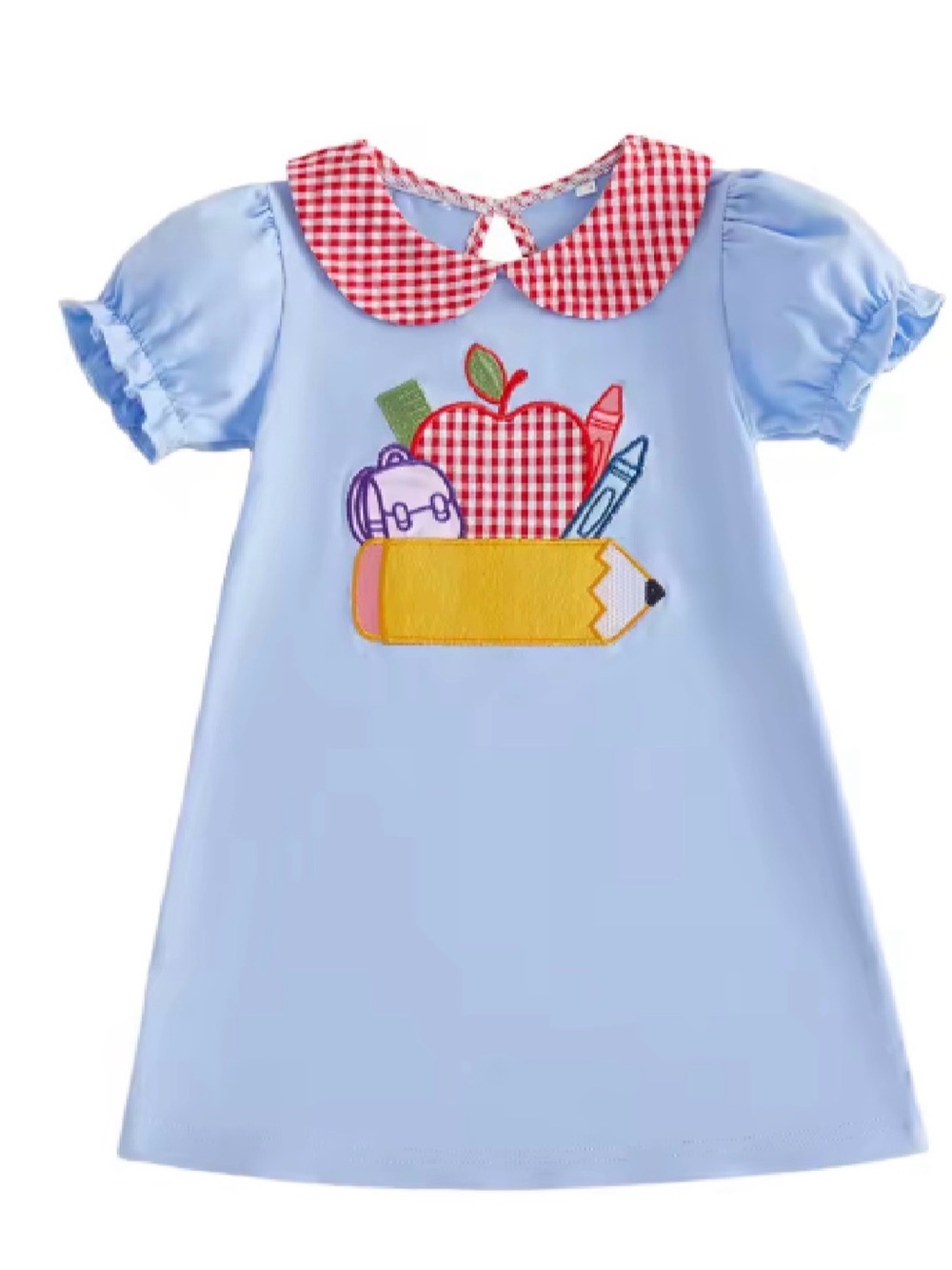 Light Blue School Patch Dress with Red Gingham Collar